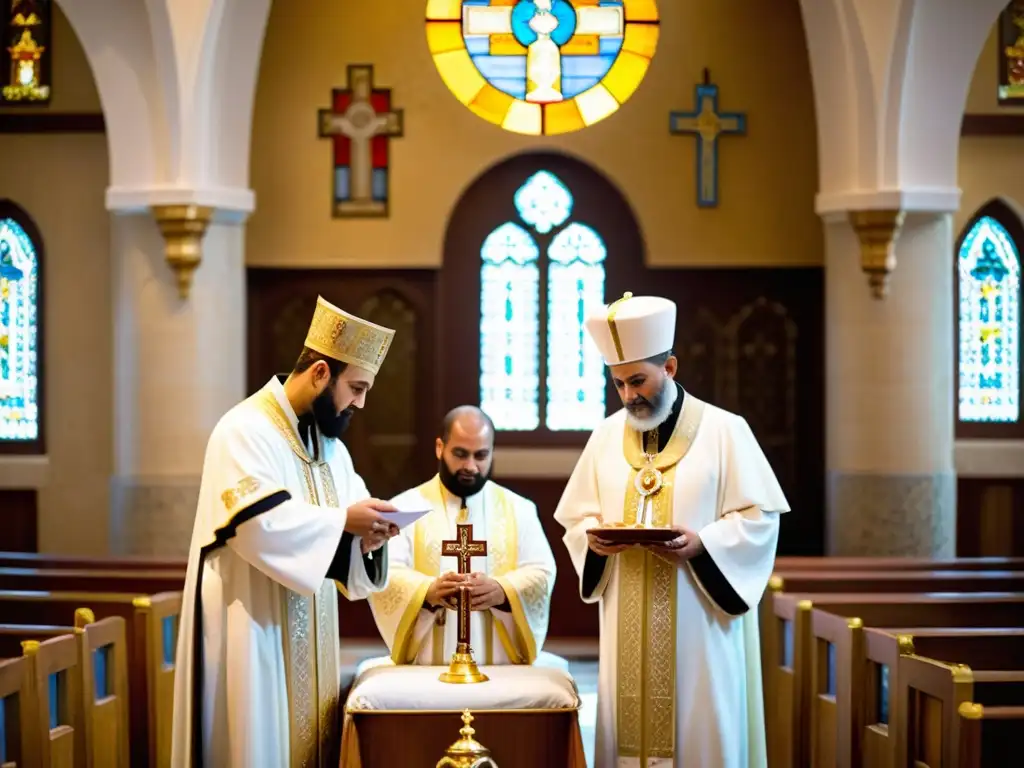 Rituales de bautizo en Iglesia Copta: sacerdotes en ornamentos blancos y dorados bautizan a un bebé bajo la suave luz de vitrales