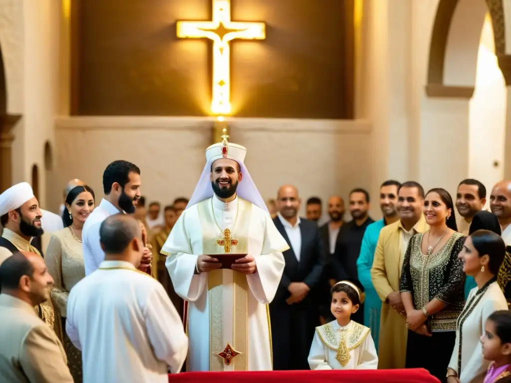 Rituales de bautizo en Iglesia Copta: ceremonia solemne con decoraciones religiosas vibrantes y participantes vestidos en atuendo tradicional