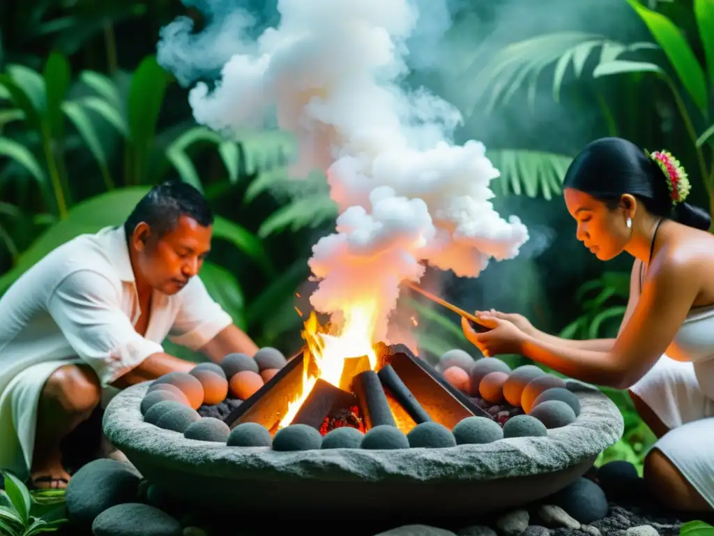 Rituales de bienestar geotermia en temazcal maya, piedras volcánicas y vapor en la selva exudan misticismo ancestral
