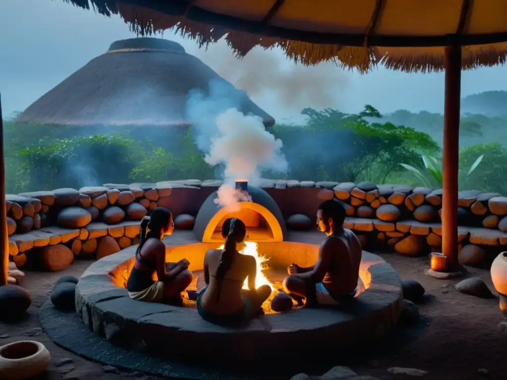 Rituales de bienestar maya en Temazcal: Personas en ceremonia con ropa tradicional, rodeadas de piedras calientes y vapor en un ambiente místico