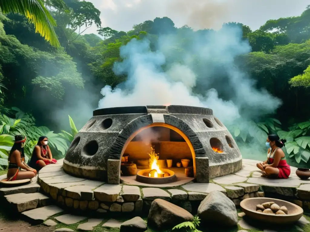 Rituales de bienestar maya en Temazcal: Participantes en ceremonia de limpieza con vapor, rodeados de naturaleza y ruinas antiguas