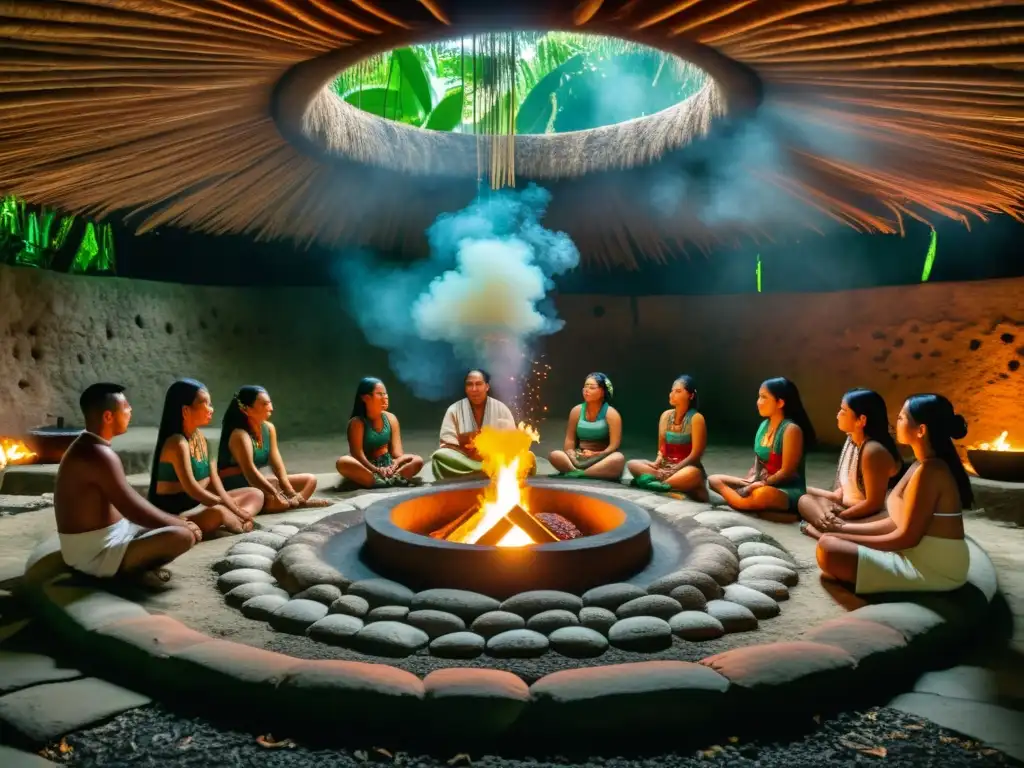 Rituales de bienestar maya en Temazcal: Ceremonia en la jungla con el chamán liderando el ritual entre la neblina y la luz de la fogata