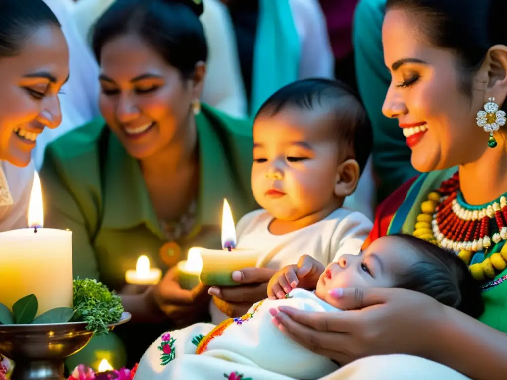 Rituales de bienestar para recién nacidos: Ceremonia de bienvenida mexicana con decoración colorida, ropa tradicional y emociones auténticas