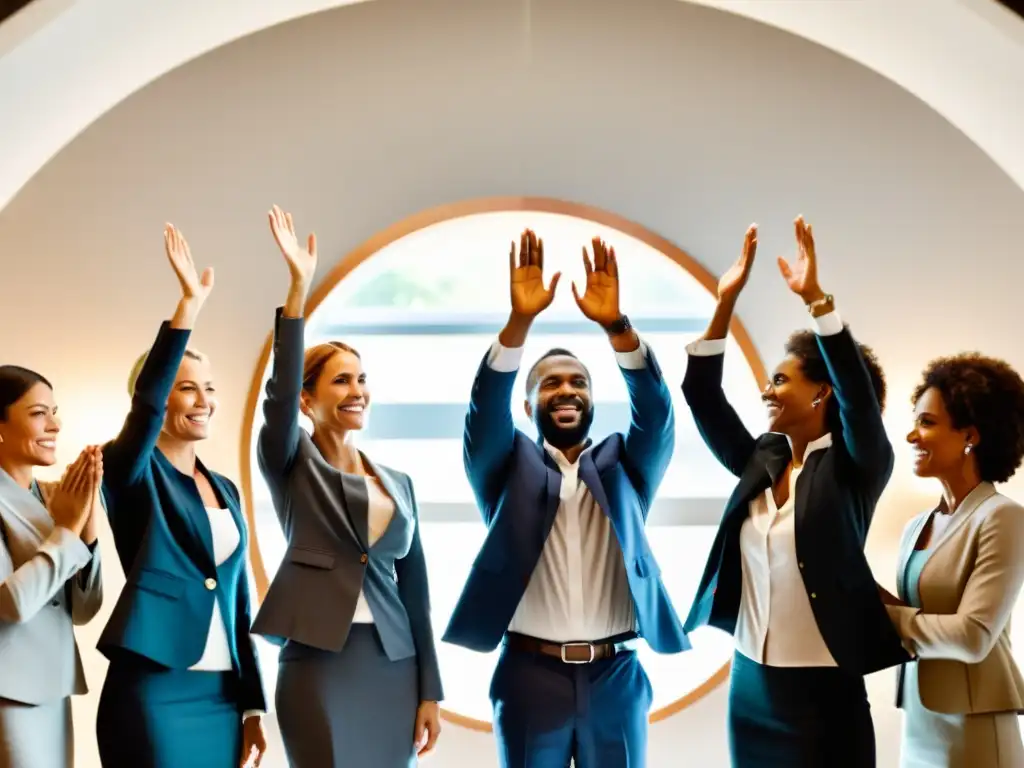 Rituales de bienvenida en corporaciones: Empleados en círculo levantan las manos en ritual de unidad, en una escena luminosa y solemne