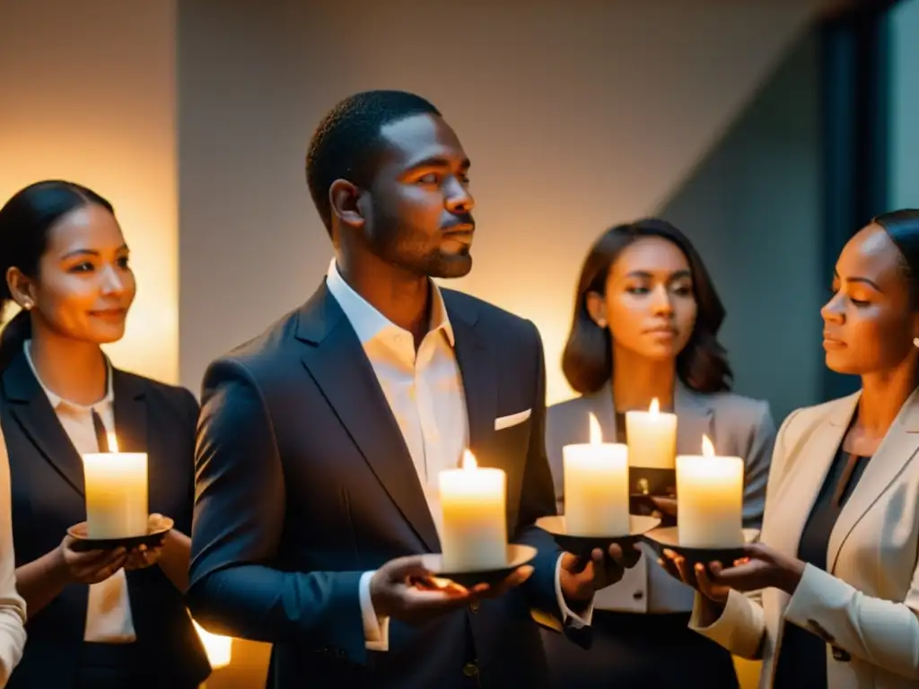 Rituales de bienvenida en corporaciones: Empleados en círculo con velas, fusionando tradición y modernidad en el mundo corporativo