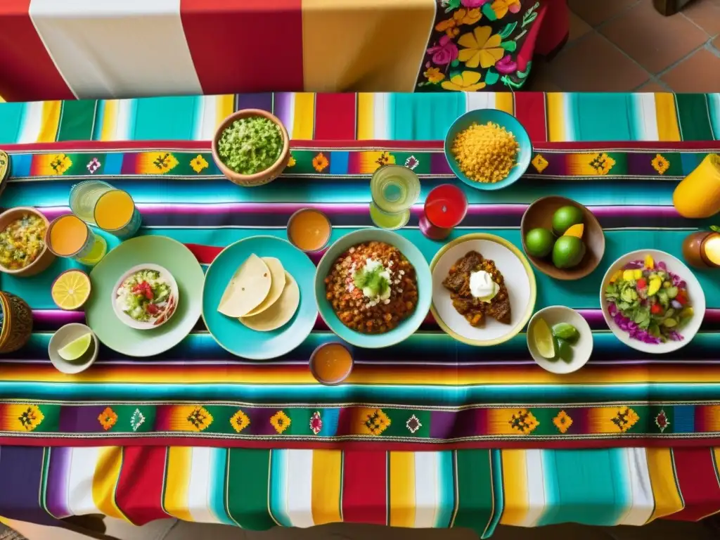 Rituales de bienvenida y gastronomía: Fotografía detallada de un festín mexicano tradicional con coloridos platos y decoraciones vibrantes