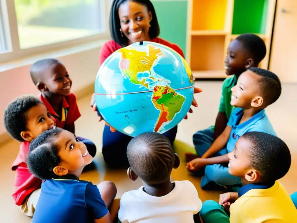 Rituales de bienvenida en educación infantil: Niños escuchan atentos a su maestra mientras explica la diversidad del aula con un globo terráqueo colorido