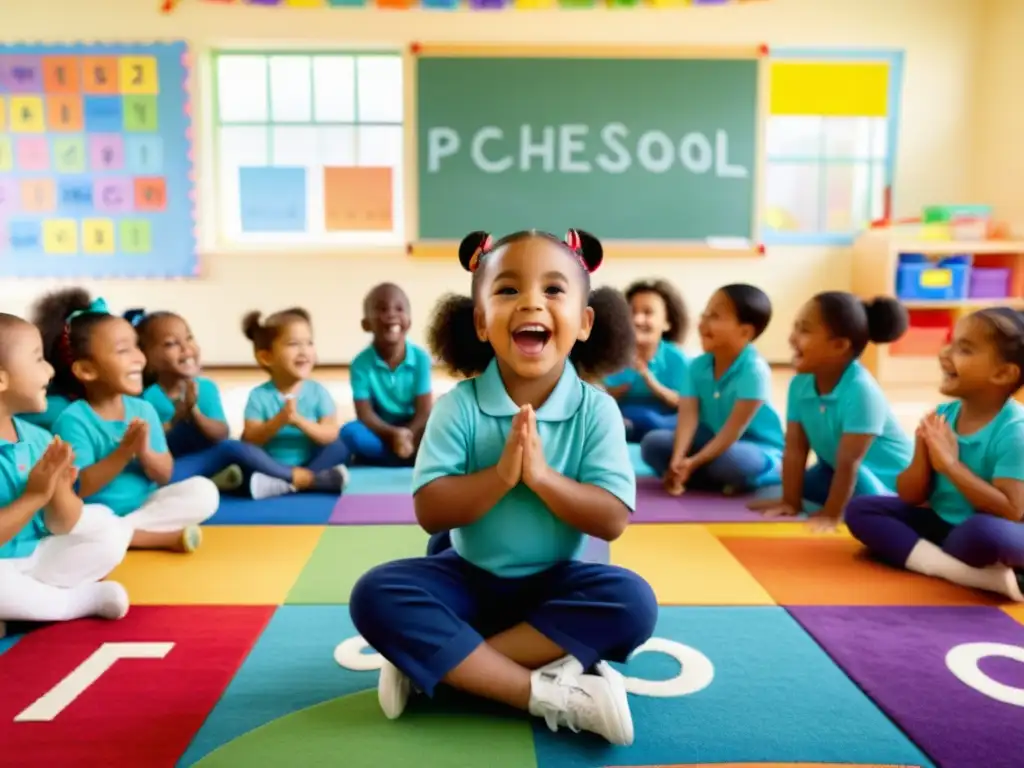 Rituales de bienvenida en educación infantil: Maestra y niños cantan y bailan en alegre aula decorada