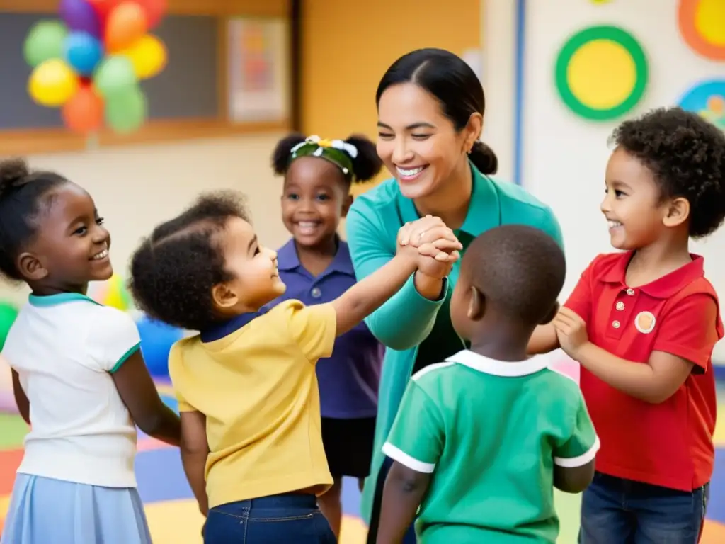 Rituales de bienvenida en educación infantil: Maestra y niños participan en actividad lúdica, fomentando la comunidad y la emoción por aprender