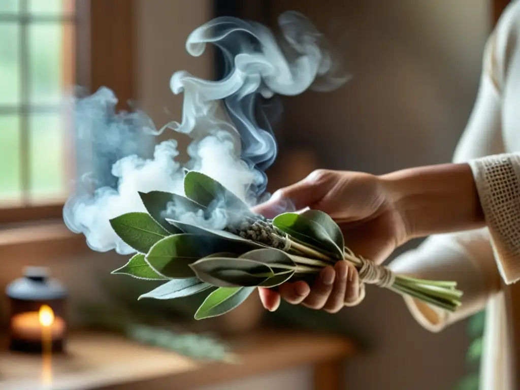 Rituales de bienvenida para viviendas: Ceremonia de sahumado tradicional en un nuevo hogar, con humo de salvia y luz natural cálida