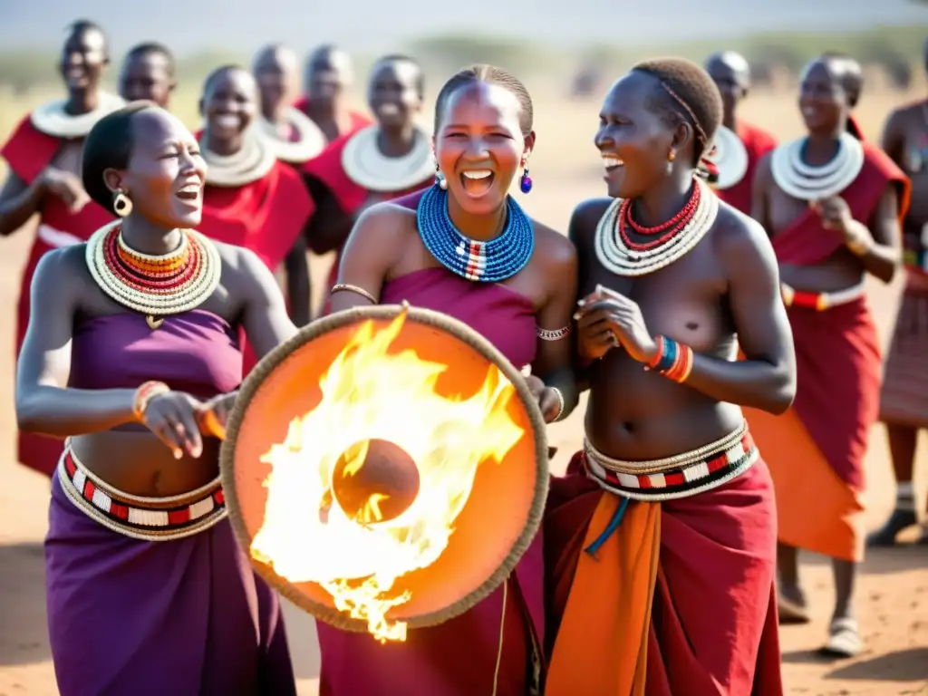 Rituales de bodas africanas: Maasai mujeres danzando y cantando alrededor de un fuego en una celebración tradicional llena de color y alegría