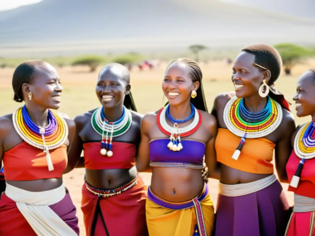 Rituales de bodas africanas: Mujeres Maasai danzando con trajes coloridos y joyas brillantes en una ceremonia tradicional llena de alegría y color