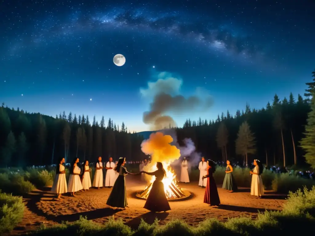 Rituales de bodas nocturnas: Baile ceremonial alrededor de fogata en místico bosque iluminado por la luna llena