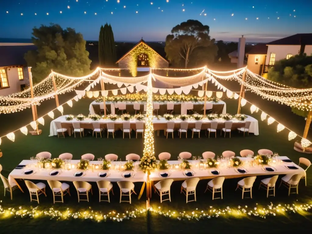 Rituales de bodas nocturnas: Espectacular escena de boda al aire libre bajo un cielo estrellado, iluminada por luces cálidas y una atmósfera mágica