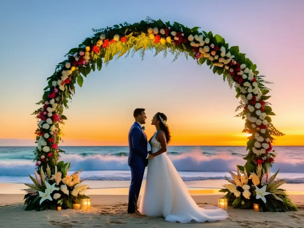 Rituales bodas víspera año nuevo: Boda emotiva en la playa al atardecer, con una atmósfera de amor y alegría bajo un cielo colorido y tranquilas olas