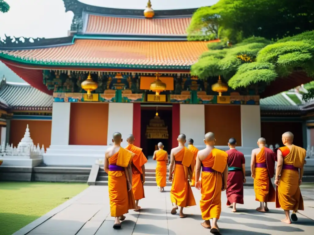 Rituales budistas para honrar antepasados en un templo adornado, monjes y fieles en una atmósfera espiritual