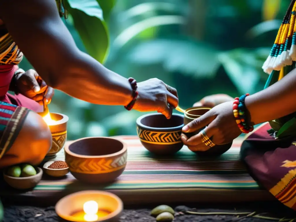 Rituales de cacao maya tradición: Ceremonia de cacao al amanecer en la selva con chaman y participantes vestidos con textiles vibrantes