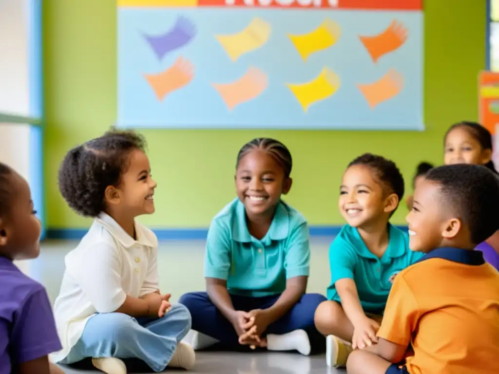 Rituales de transición para niños: Una cálida actividad en círculo, niños sonrientes participan junto a su maestra en un ritual lleno de calma y unión