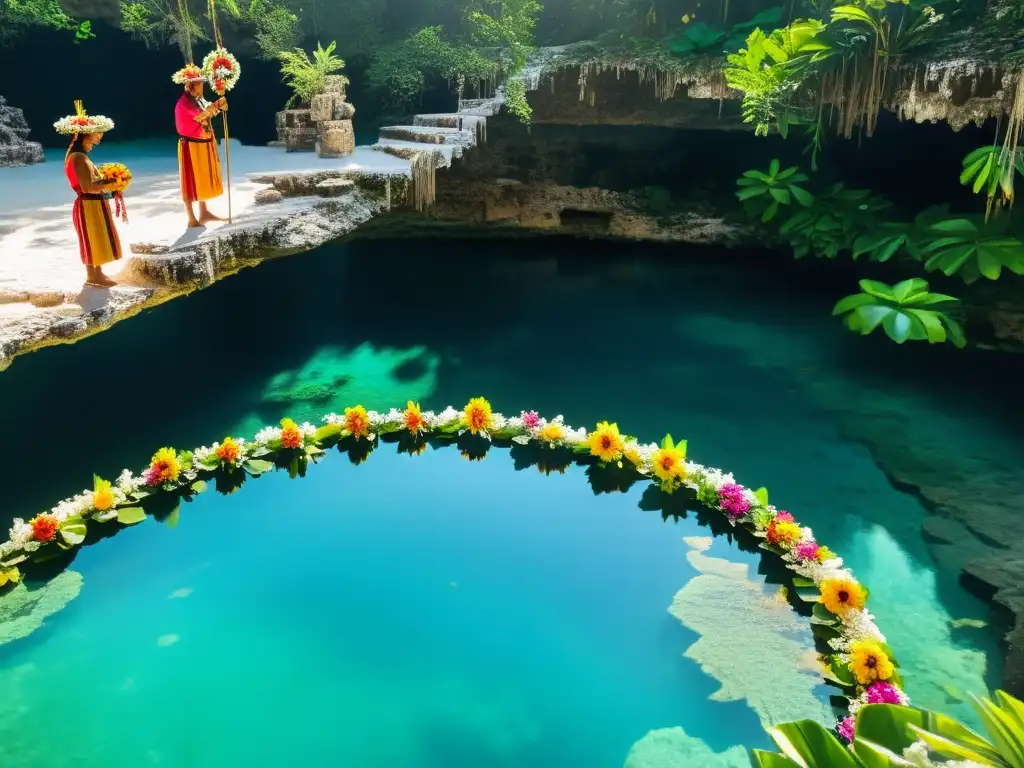 Rituales de purificación en cenote maya con elementos decorativos y reverencia espiritual