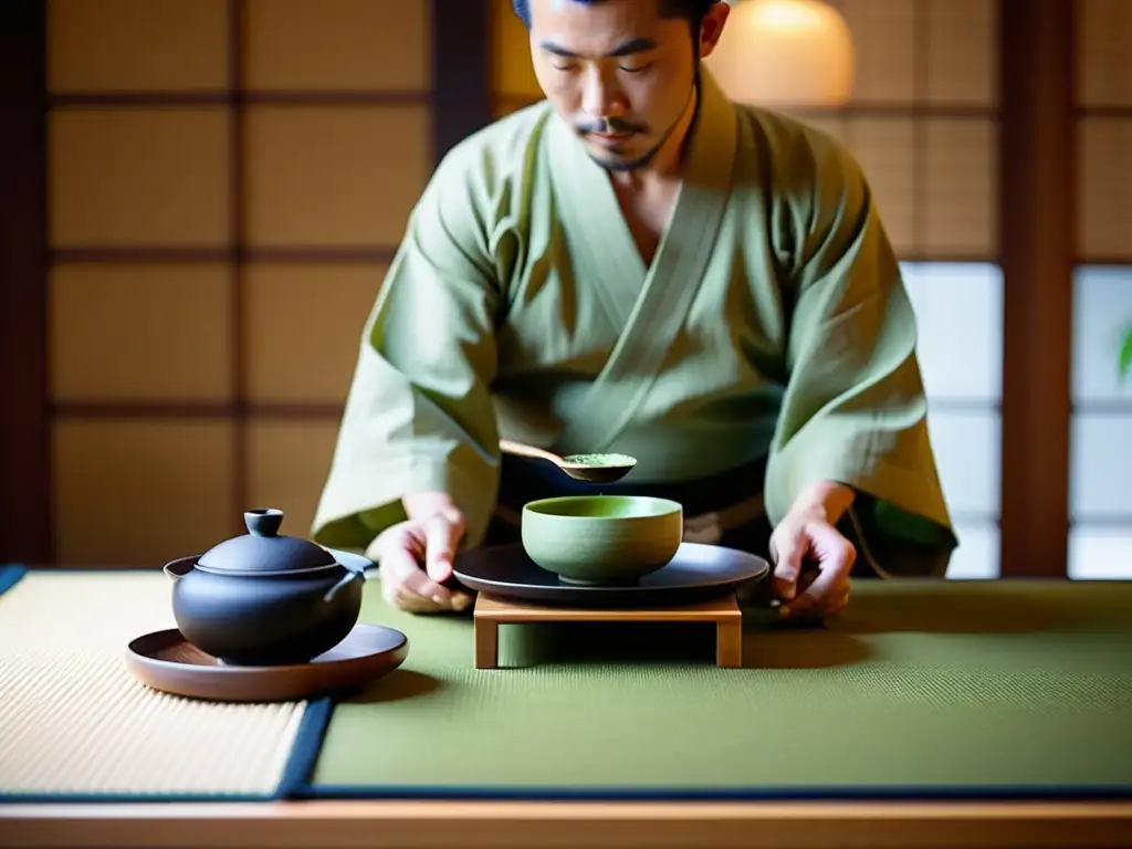 Rituales de té ceremoniales internacionales: una ceremonia japonesa del té en una habitación serena, con el maestro sirviendo matcha y una atmósfera de paz