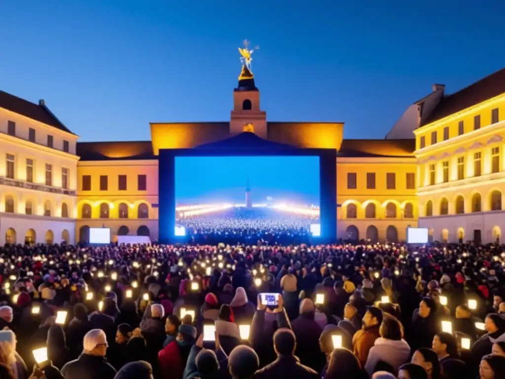Ritual urbano: la fusión de lo tradicional y lo digital en la era moderna Rituales colectivos en la era digital: Multitud se reúne en plaza iluminada por smartphones, fusionando lo tradicional con lo moderno