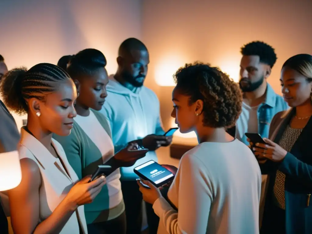 Ritual digital de conexión y participación en la era moderna Rituales colectivos en la era moderna: diversidad reunida en la penumbra, conectados por smartphones en animada interacción