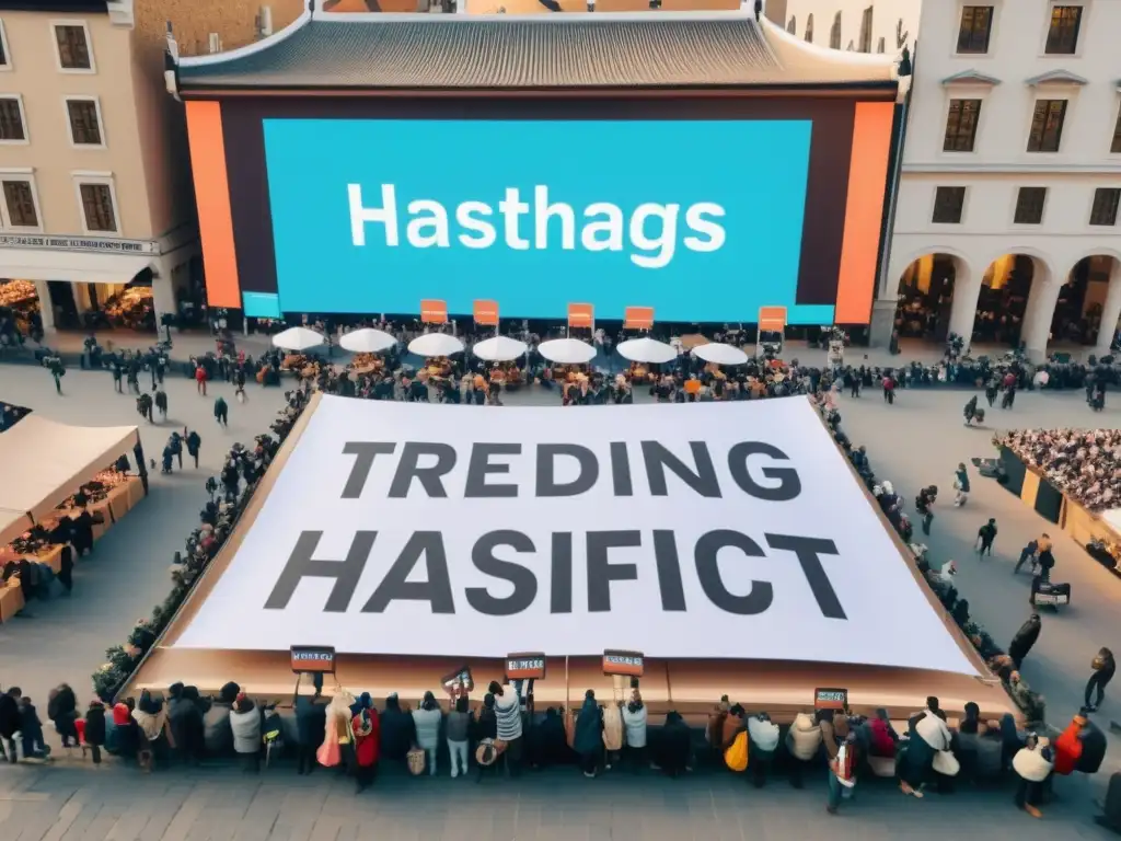 Plaza llena de hashtags: conectividad tradicional y digital Rituales colectivos en la era moderna: gente en la plaza con hashtags y pantallas digitales