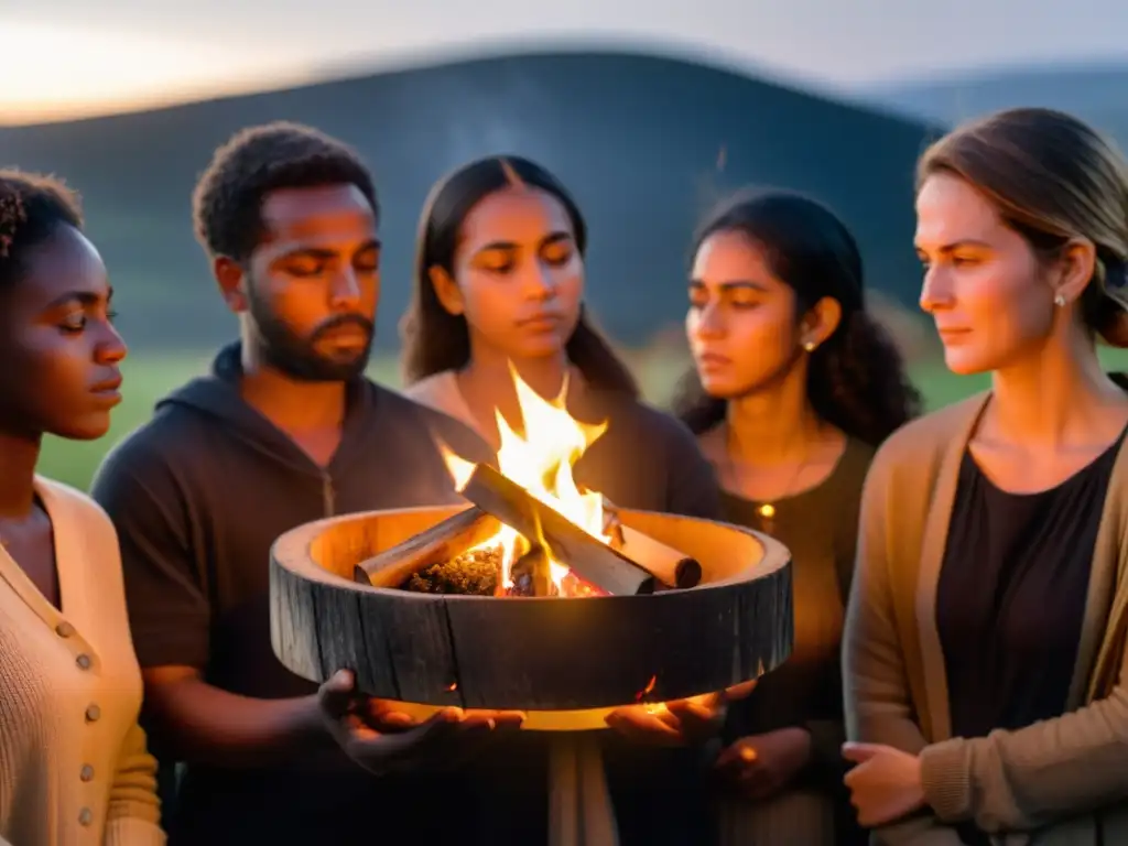 Rituales comunitarios duelo colectivo: personas en círculo alrededor de fogata, con expresiones solemnes, velas encendidas y ambiente emotivo