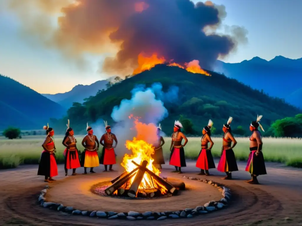 Rituales comunitarios resiliencia climática: Danza indígena alrededor de fogata, expresiones intensas bajo el cielo oscurecido