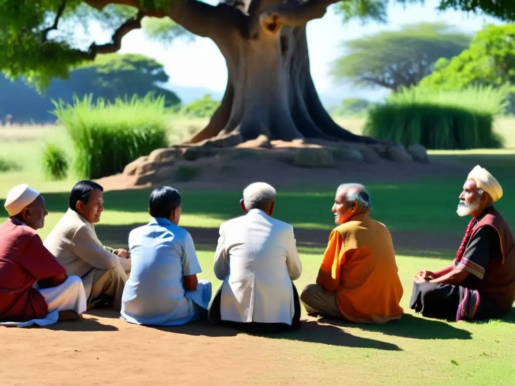 Transmisión de rituales comunitarios tradicionales: Ancianos y jóvenes comparten sabiduría bajo un árbol centenario