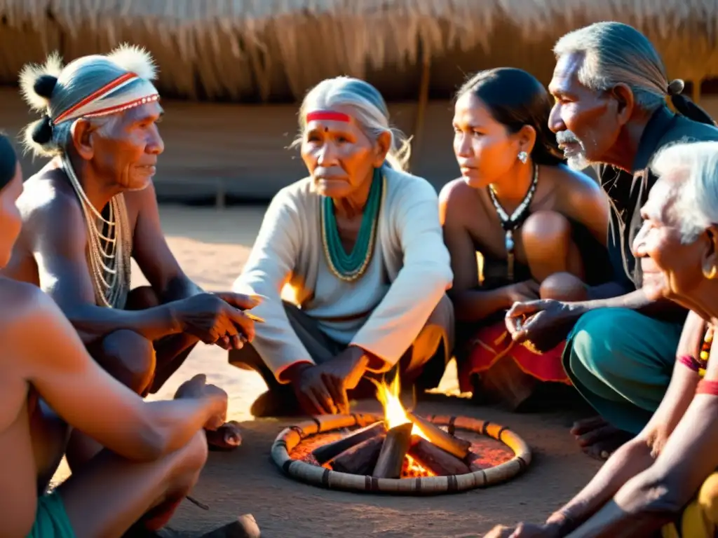 Rituales de transmisión de conocimiento aborigen: ancianos indígenas reunidos alrededor del fuego, compartiendo sabiduría ancestral