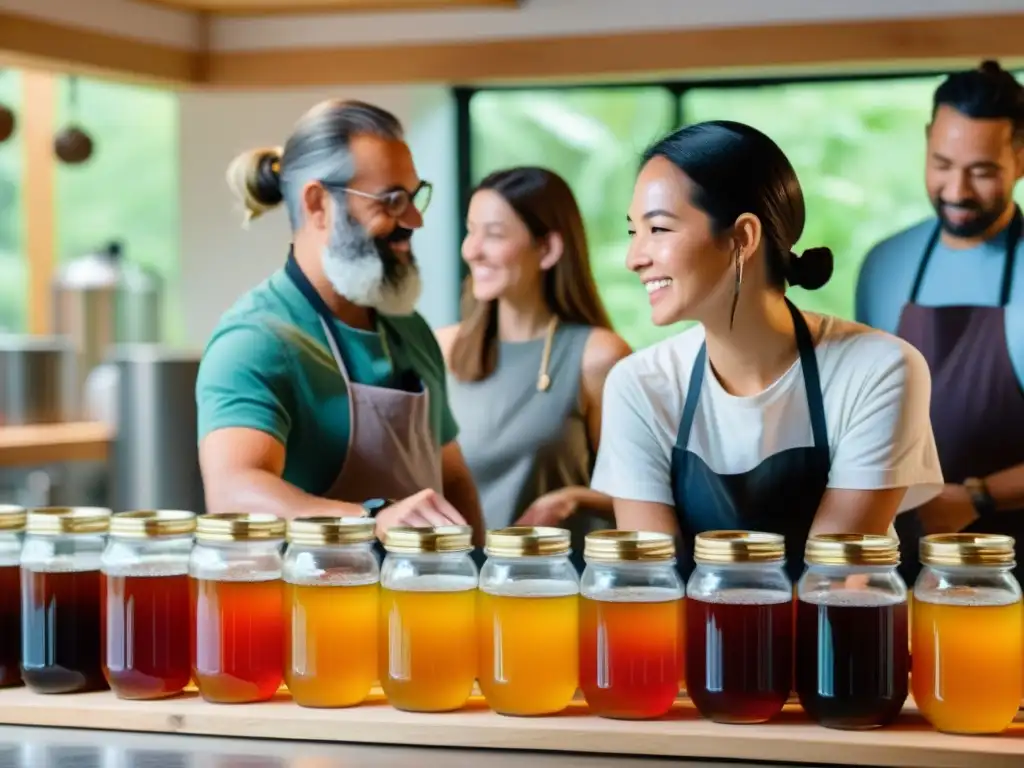 Rituales contemporáneos de salud con kombucha: Detalle vibrante de un taller de elaboración de kombucha, con participantes atentos y ambiente sereno