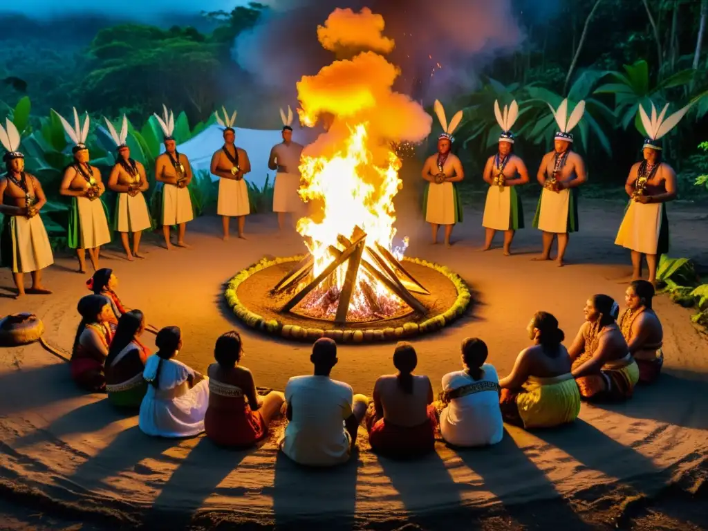 Rituales de cortejo en antropología: Ceremonia indígena en la exuberante selva, danza alrededor del fuego entre la flora vibrante