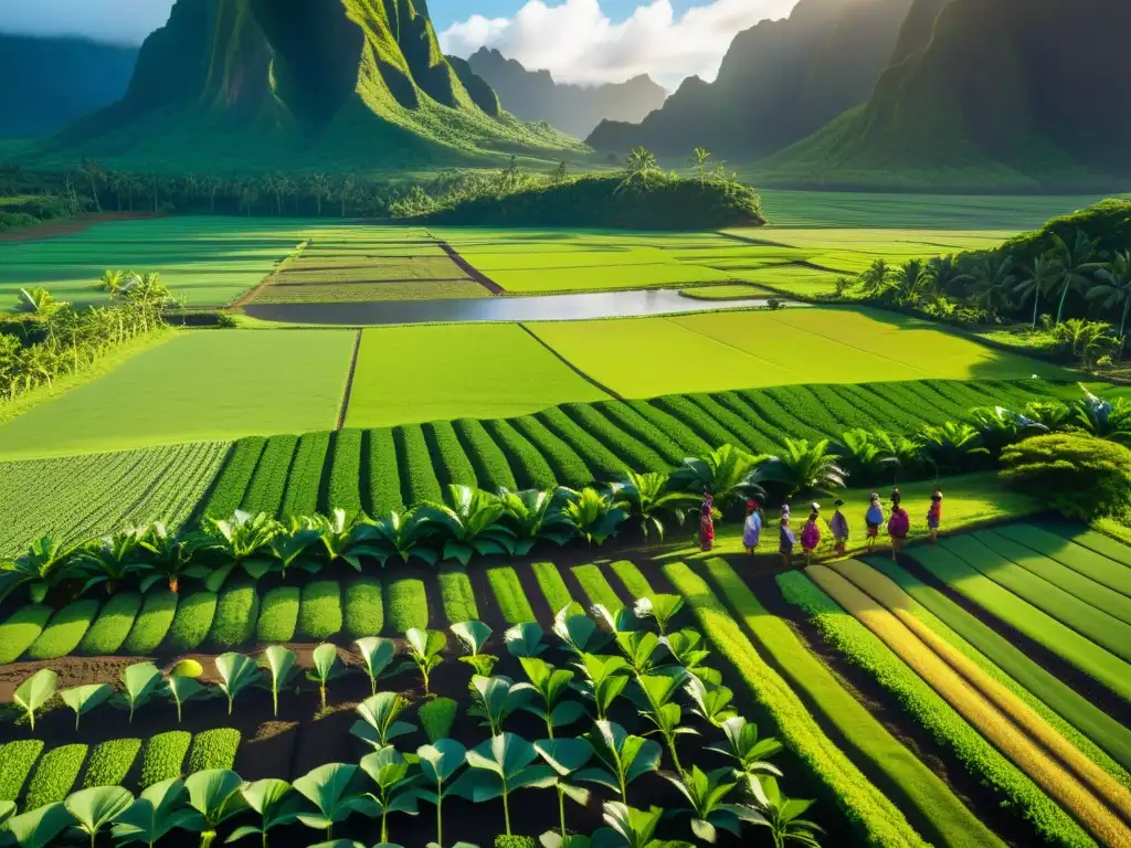 Rituales de plantación y cosecha Polinesia: Agricultores polinesios realizando un antiguo ritual de siembra en un paisaje exuberante y dorado