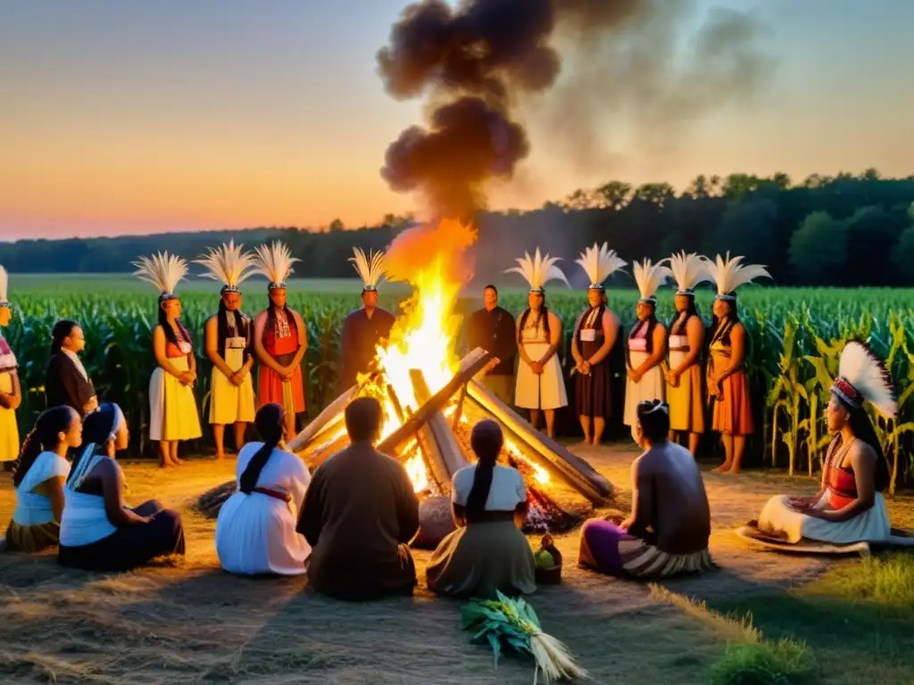 Rituales de cosecha iroqueses agradecimiento: Iroqueses en ritual tradicional alrededor de la fogata, expresando gratitud y respeto a la tierra fértil