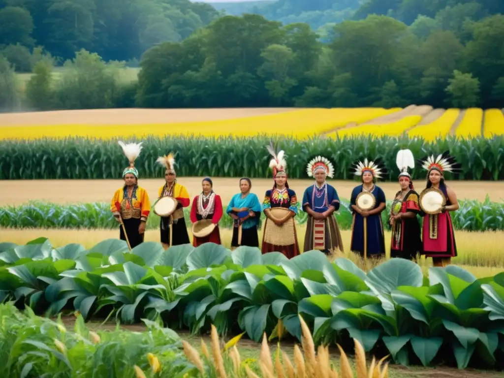 Rituales de cosecha iroqueses agradecimiento: Detalle de la ceremonia de la cosecha con personas iroquesas en un campo exuberante