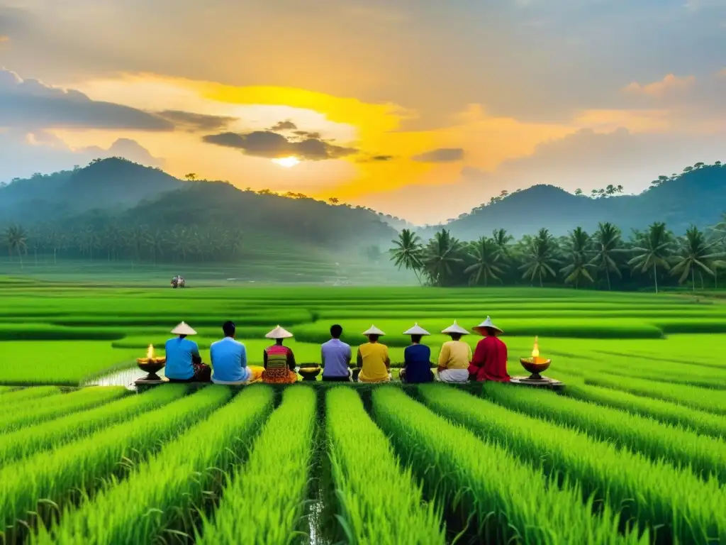 Rituales de cosecha alrededor del mundo: Agricultores en un arrozal realizan una ceremonia sagrada al atardecer, expresando gratitud y reverencia