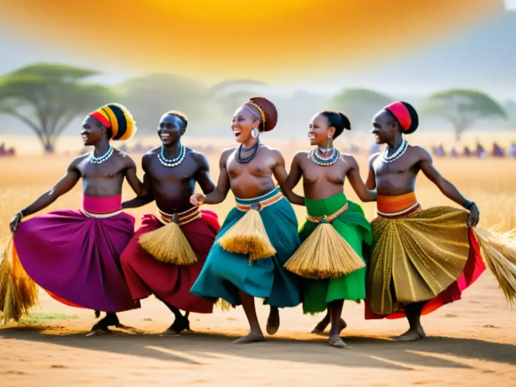 Rituales de cosecha en tribus africanas: Danza tribal vibrante en un campo soleado con miembros vestidos en atuendos tradicionales coloridos