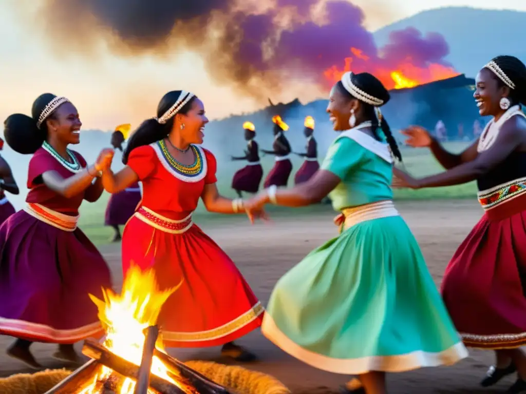 Rituales de cosecha en tribus africanas: Mujeres danzando alrededor de fogata, adornadas con colores y joyas, en celebración tribal