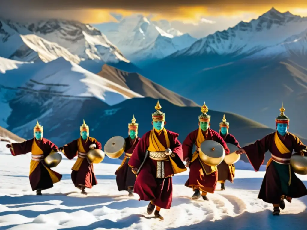 Rituales tibetanos conexión cósmica: Monjes tibetanos danzando en la montaña