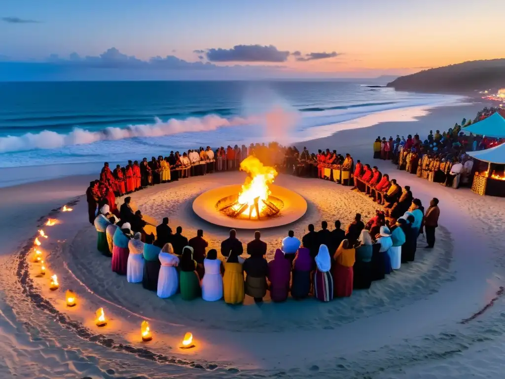 Rituales costeros: comunidad reunida alrededor de fogata en la playa al atardecer, con danzas y música, en un escenario de vibrantes colores y conexión con la conservación marina