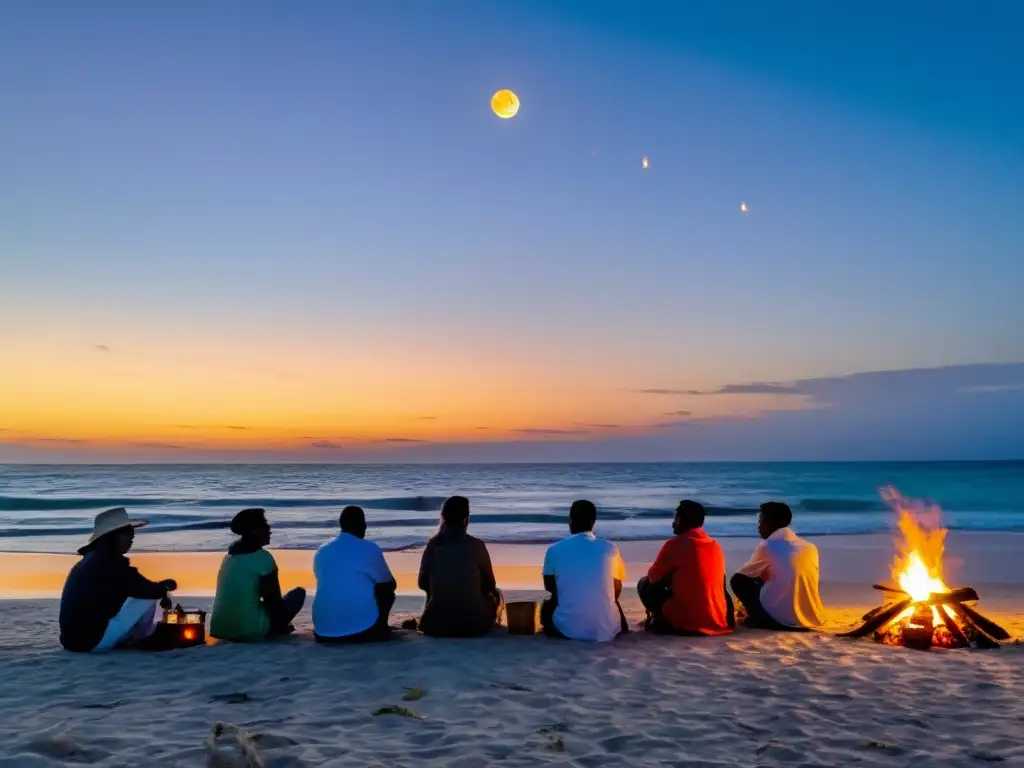 Rituales costeros conservación marina: pescadores y conservacionistas se reúnen alrededor de una fogata en la playa, honrando el mar al atardecer