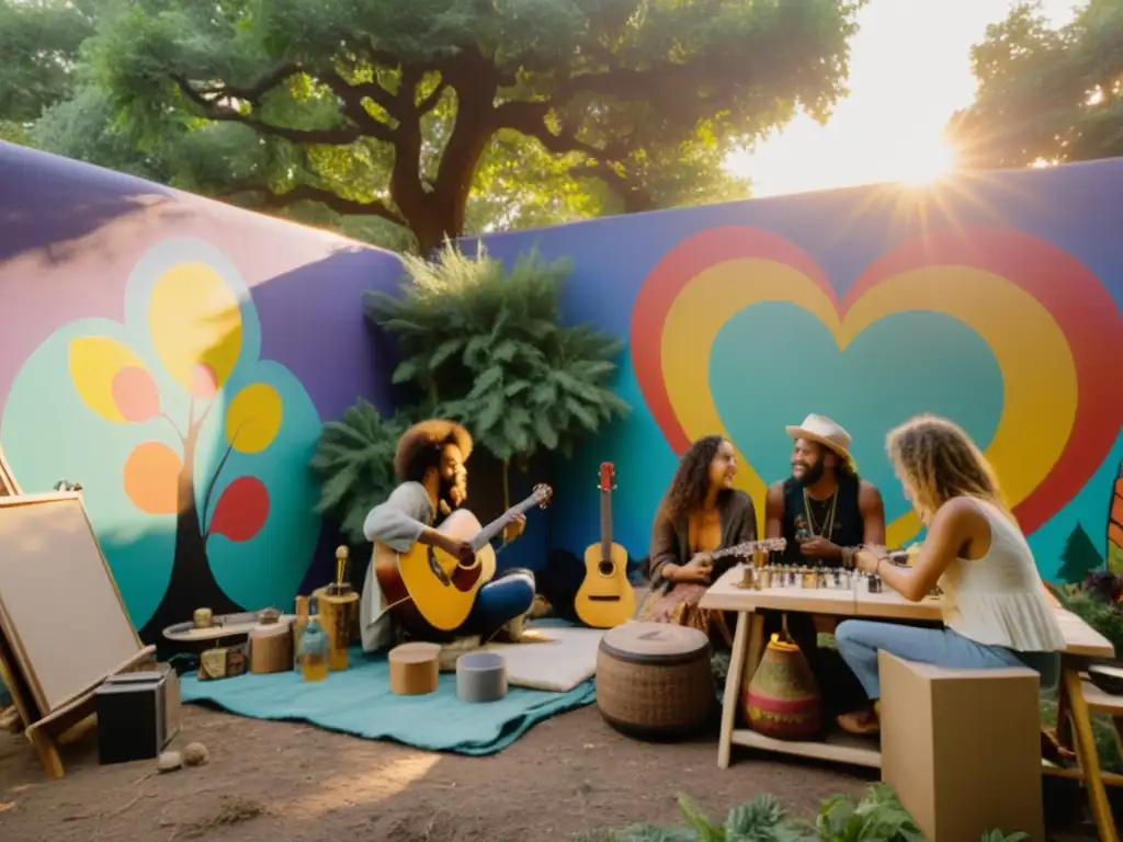 Rituales creativos en una subcultura bohemia: artistas crean arte al aire libre rodeados de murales y grafitis, en la cálida luz del atardecer