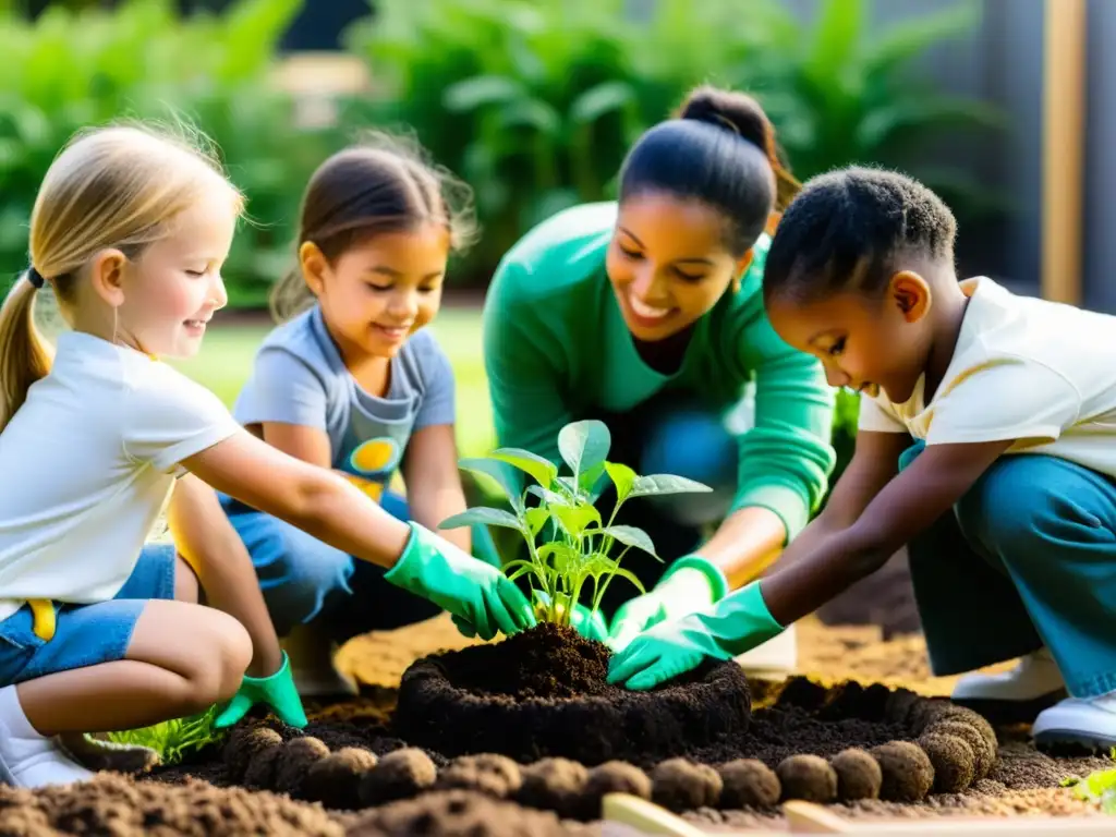 Rituales de plantación y crecimiento: Niños plantando con su maestra en el jardín, atentos y curiosos, bajo el cálido sol