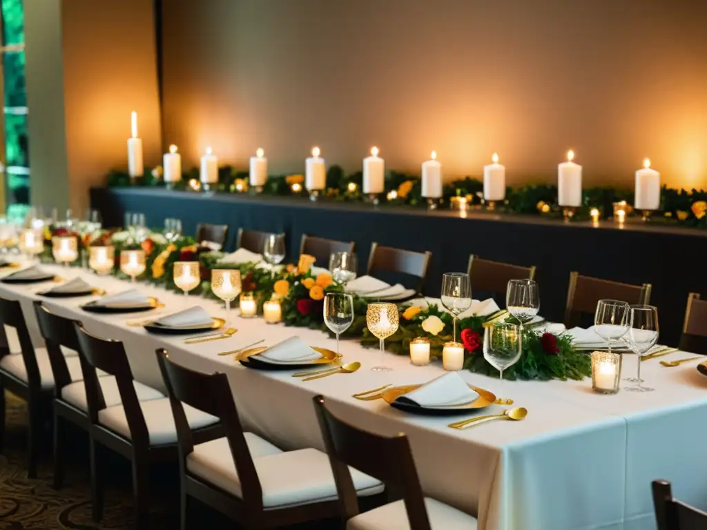 Rituales culinarios en bodas: banquete nupcial elegante con platos exquisitos, flores y brillo de la vajilla, en una atmósfera cálida y festiva