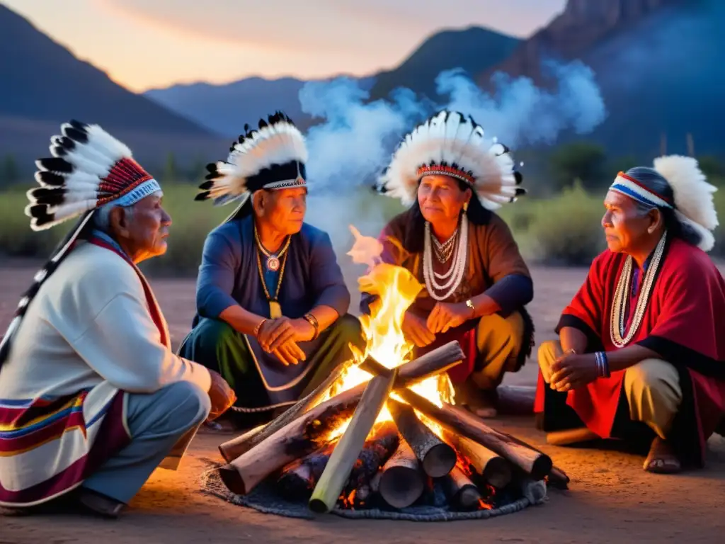 Rituales culturales indígenas documentados: Ancianos en ritual alrededor del fuego, expresando reverencia y tradición