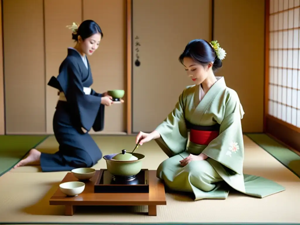 Rituales del té en diferentes culturas: Ceremonia japonesa del té con matcha, kimono y armonía en una sala de tatami