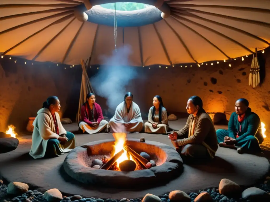 Rituales de purificación en culturas: Ceremonia de sudación nativa americana con participantes en un ambiente místico y espiritual