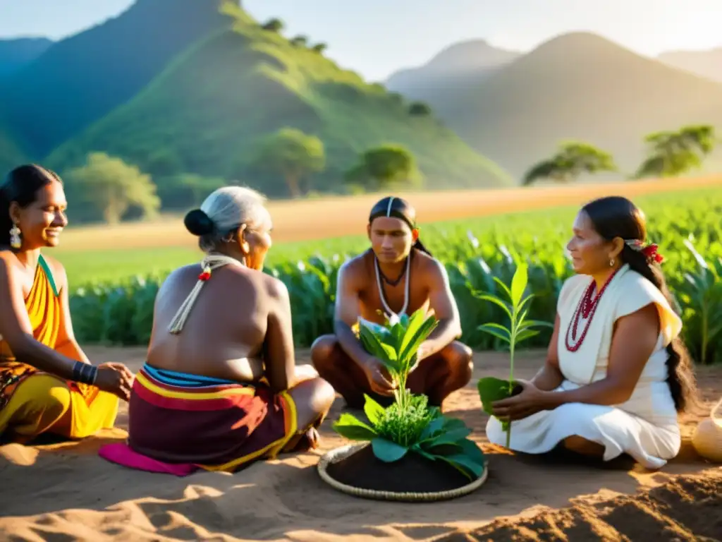 Rituales de plantación en culturas: ceremonia de siembra indígena al atardecer, con comunidad participando en un campo exuberante y vibrante