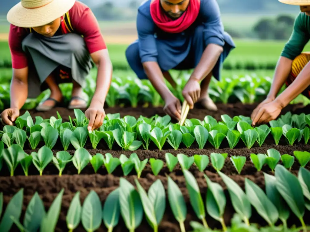 Rituales de plantación en culturas: Detalle de agricultores realizando un ritual de siembra tradicional en campos verdes vibrantes